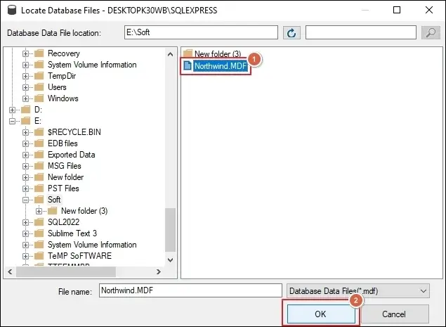 Locate the MDF file to open