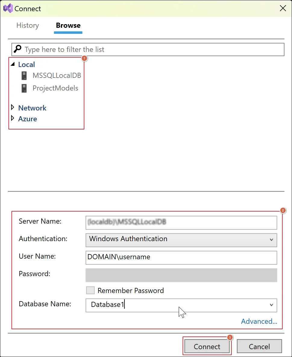 Select the database from Local, network or from Azure and enter credentials